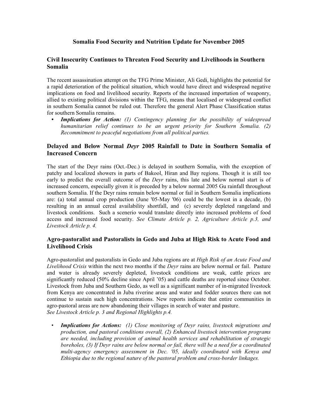 Somalia Food Security & Nutrition Update for November 2005