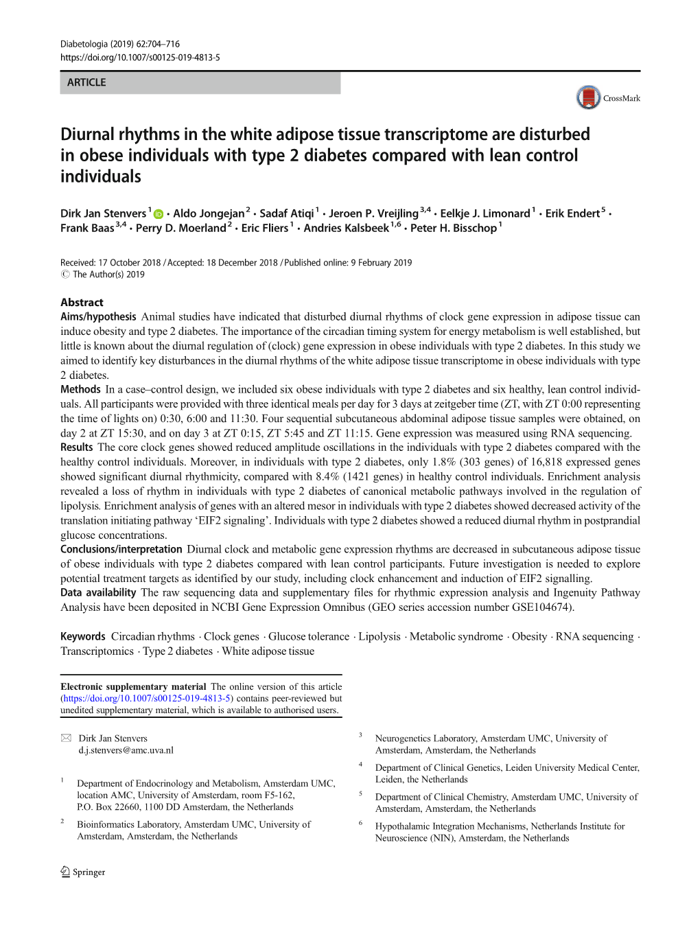 Diurnal Rhythms in the White Adipose Tissue Transcriptome Are Disturbed in Obese Individuals with Type 2 Diabetes Compared with Lean Control Individuals