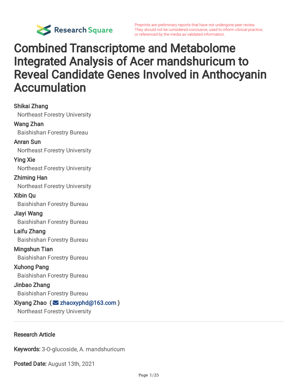 Combined Transcriptome and Metabolome Integrated Analysis of Acer Mandshuricum to Reveal Candidate Genes Involved in Anthocyanin Accumulation