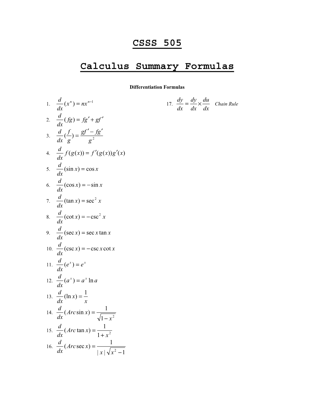 CSSS 505 Calculus Summary Formulas