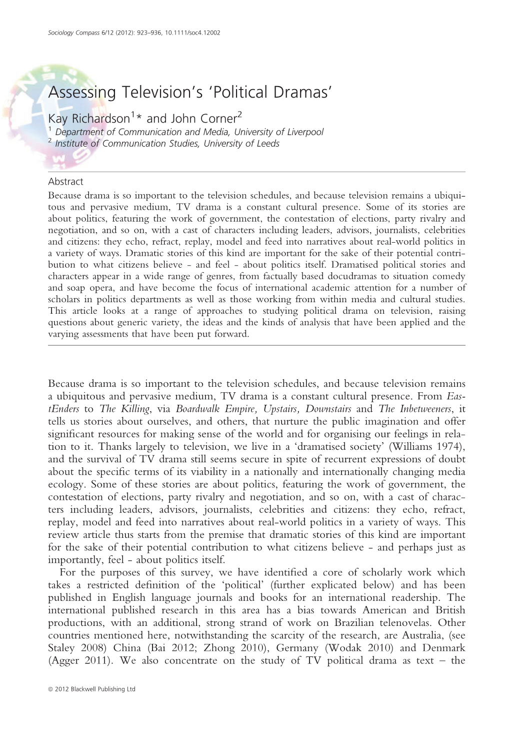 Assessing Television's Political Dramas. from Sociology Compass 2011