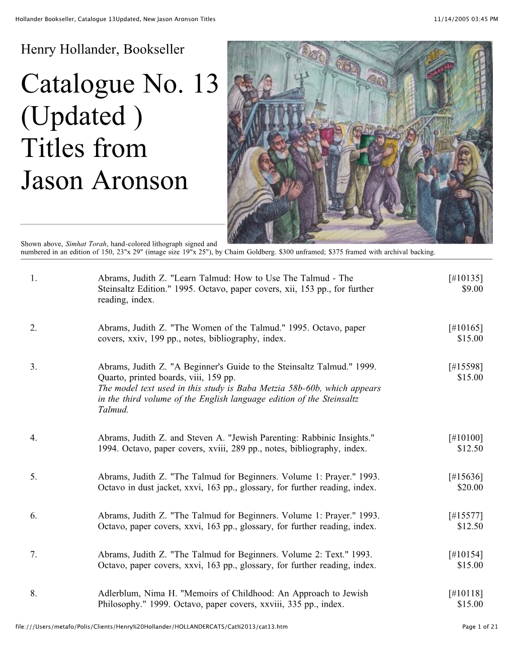 Hollander Bookseller, Catalogue 13Updated, New Jason Aronson Titles 11/14/2005 03:45 PM