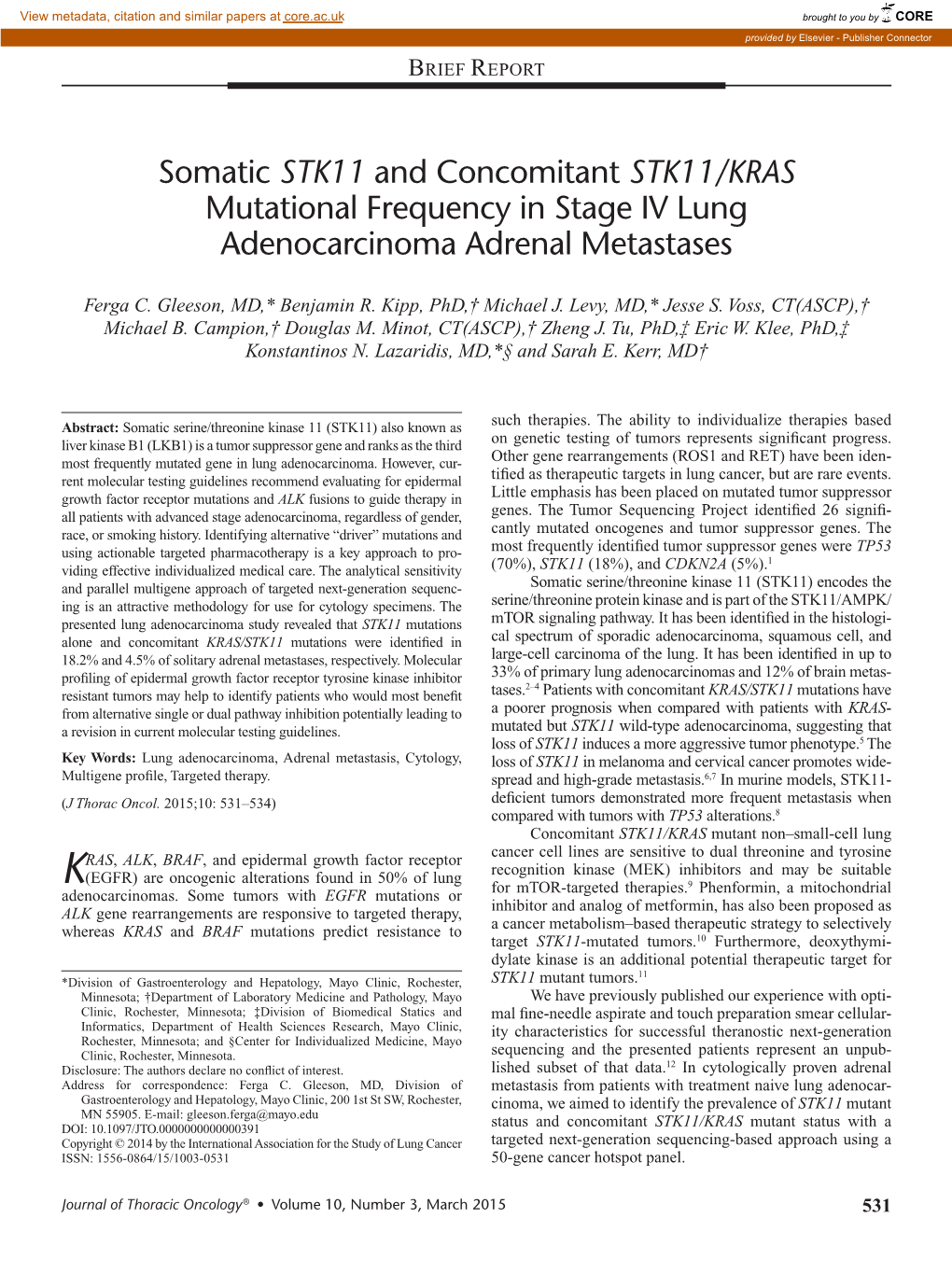 STK11/KRAS Mutational Frequency in Stage IV Lung Adenocarcinoma Adrenal Metastases