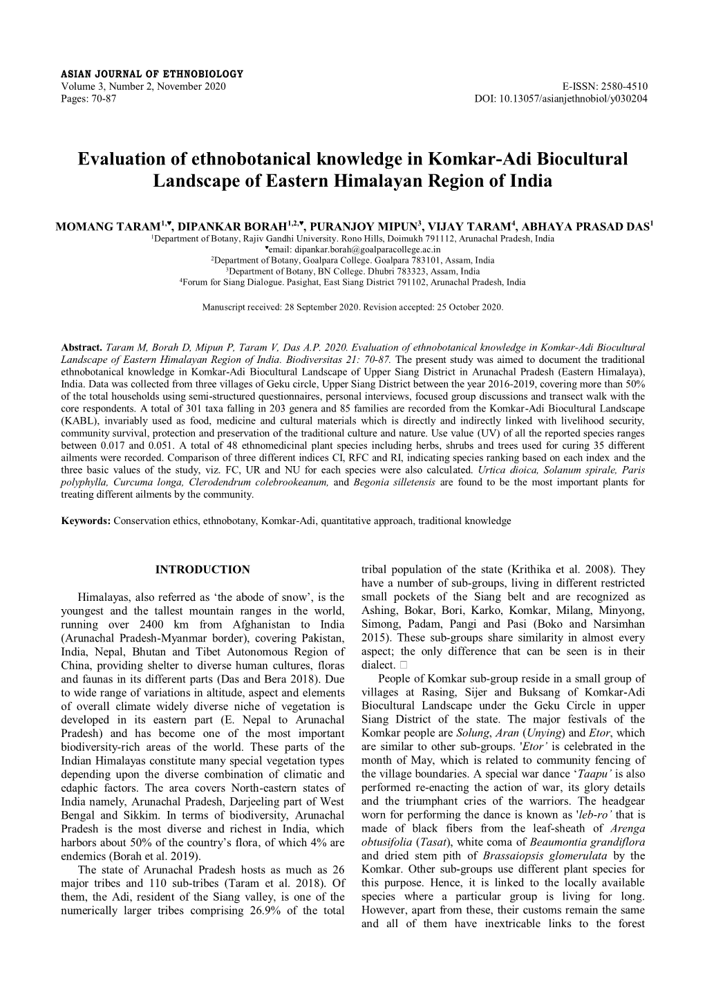 Evaluation of Ethnobotanical Knowledge in Komkar-Adi Biocultural Landscape of Eastern Himalayan Region of India