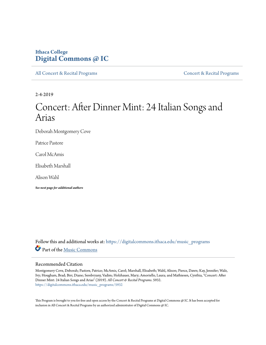 Concert: After Dinner Mint: 24 Italian Songs and Arias Deborah Montgomery Cove
