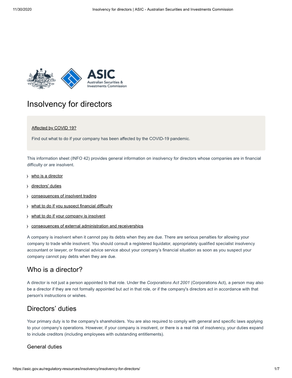 Insolvency Asics Guide for Directors INFO 42