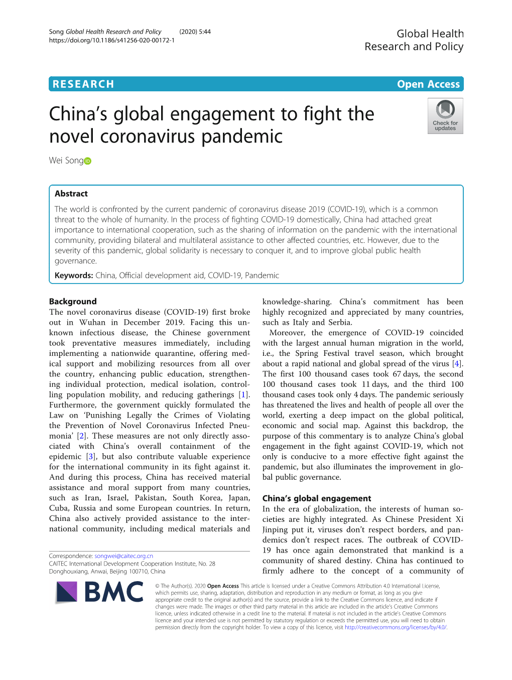 China's Global Engagement to Fight the Novel Coronavirus Pandemic