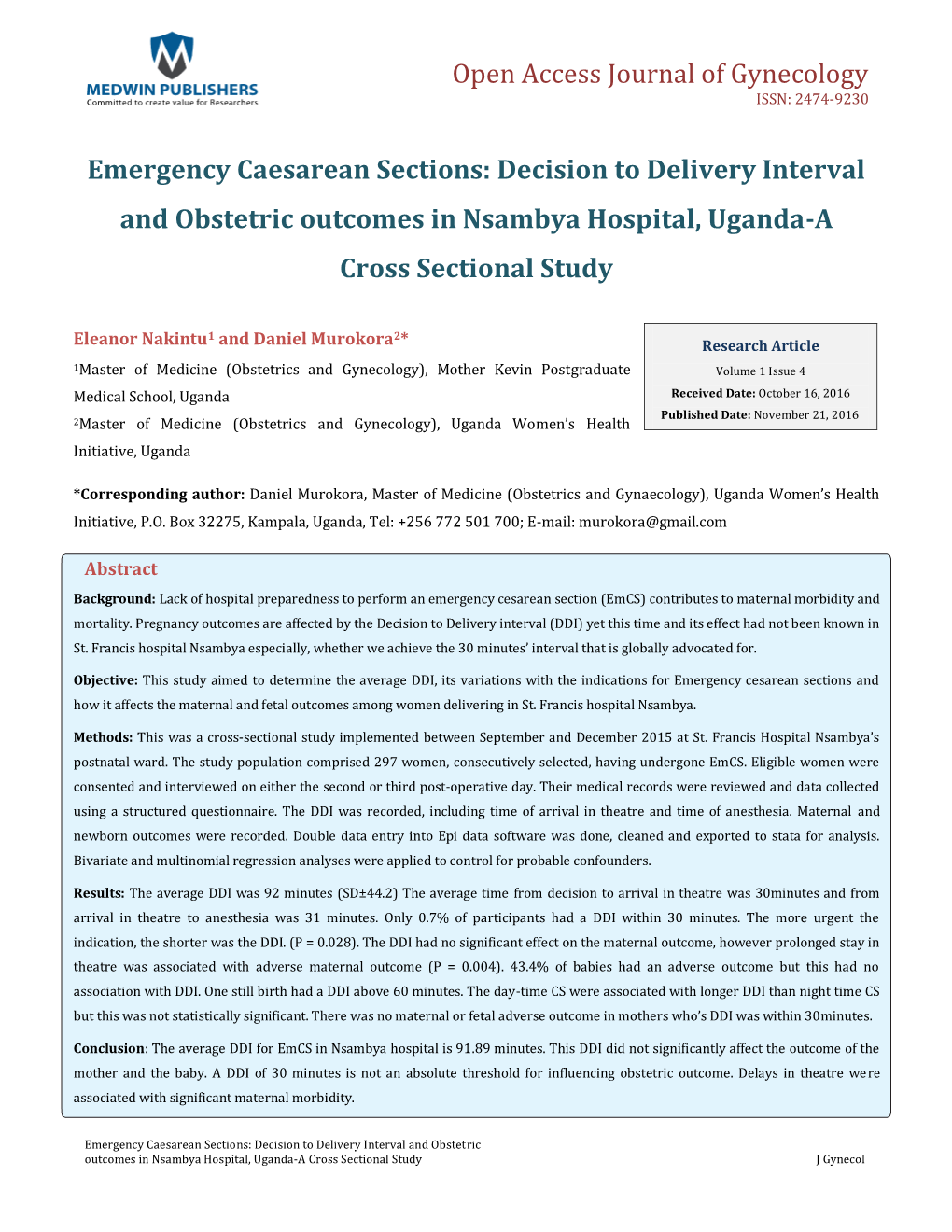 Emergency Caesarean Sections: Decision to Delivery Interval and Obstetric Outcomes in Nsambya Hospital, Uganda-A Cross Sectional Study