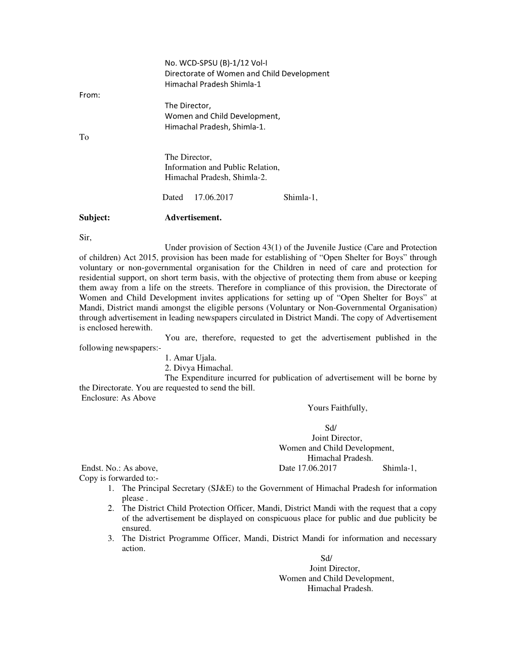 No. WCD-SPSU (B)-1/12 Vol-I Directorate of Women and Child