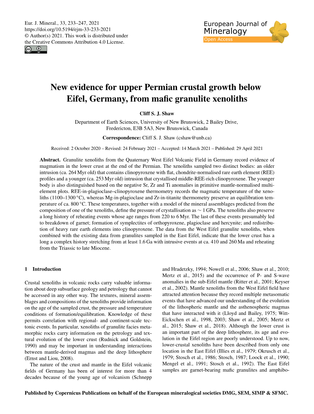 New Evidence for Upper Permian Crustal Growth Below Eifel, Germany, from Maﬁc Granulite Xenoliths