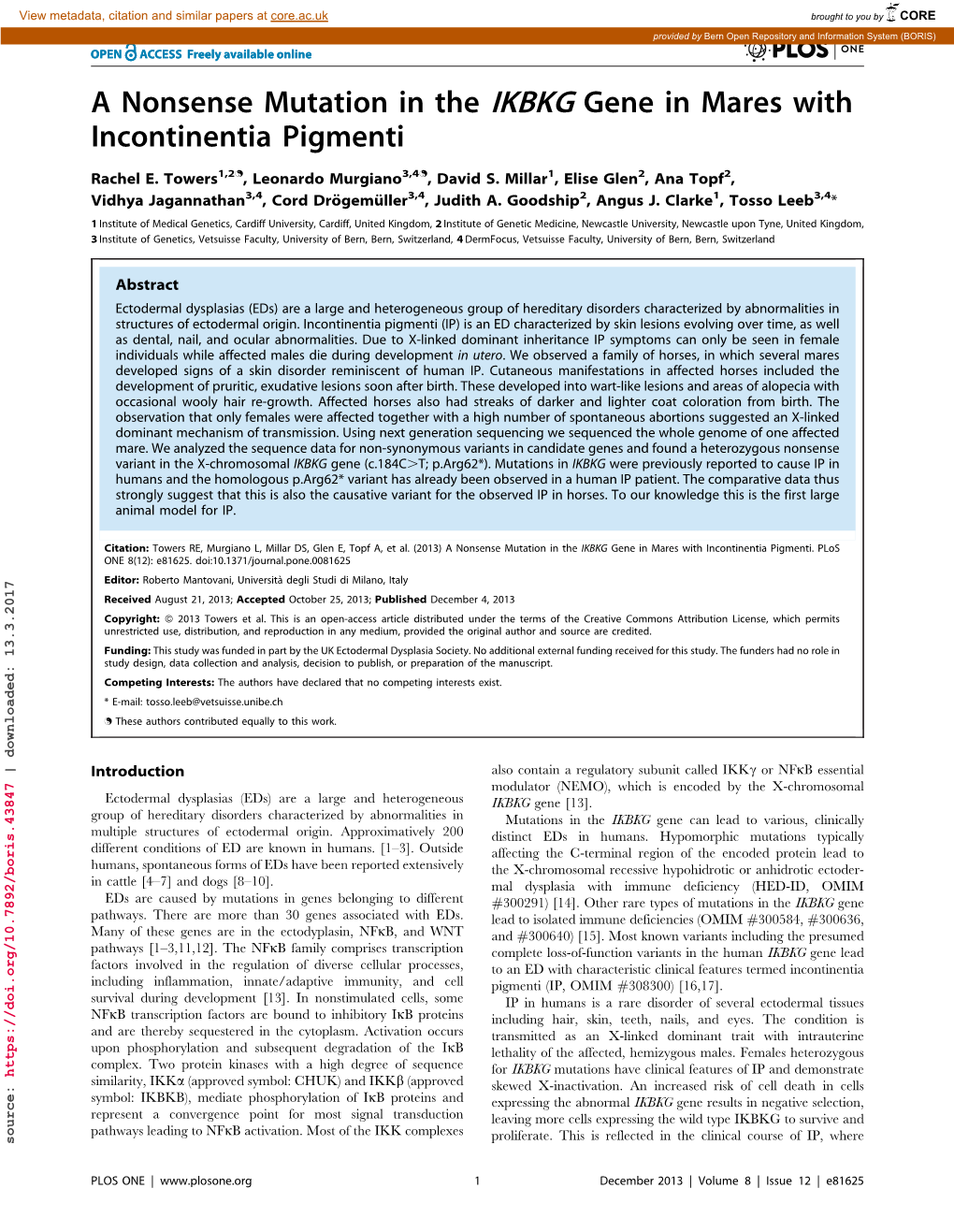 A Nonsense Mutation in the IKBKG Gene in Mares with Incontinentia Pigmenti