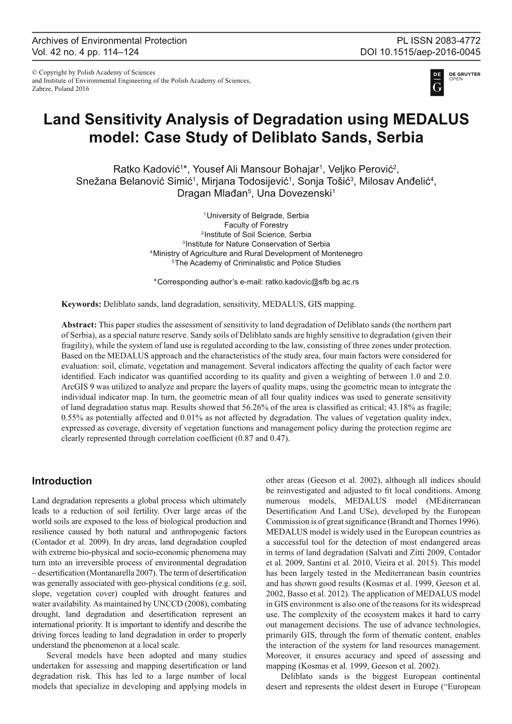 Land Sensitivity Analysis of Degradation Using MEDALUS Model: Case Study of Deliblato Sands, Serbia