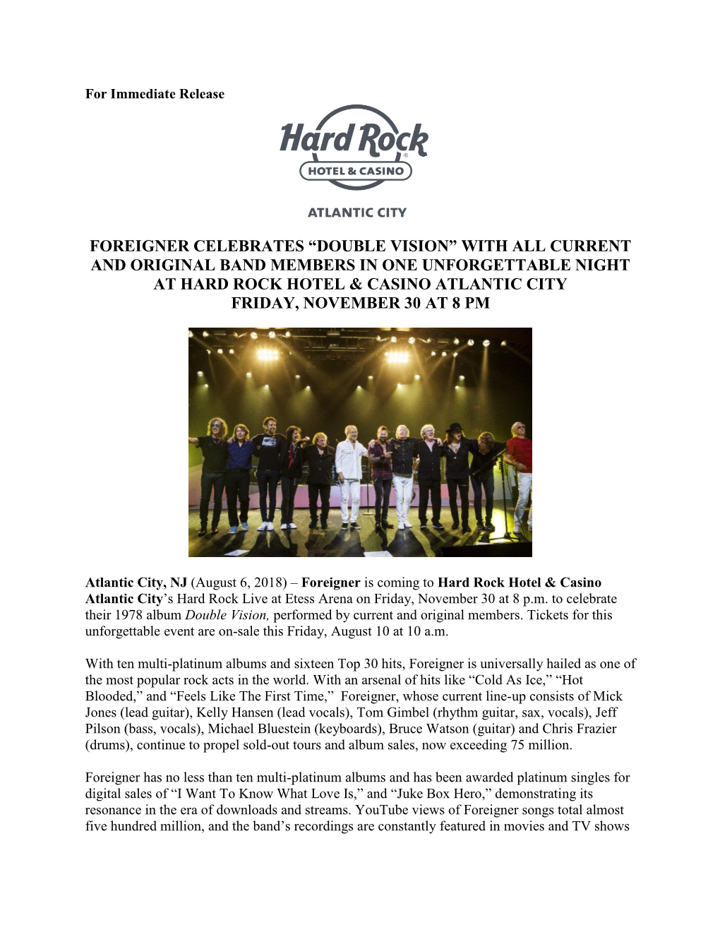 Foreigner Celebrates “Double Vision” with All Current and Original Band Members in One Unforgettable Night at Hard Rock Hote