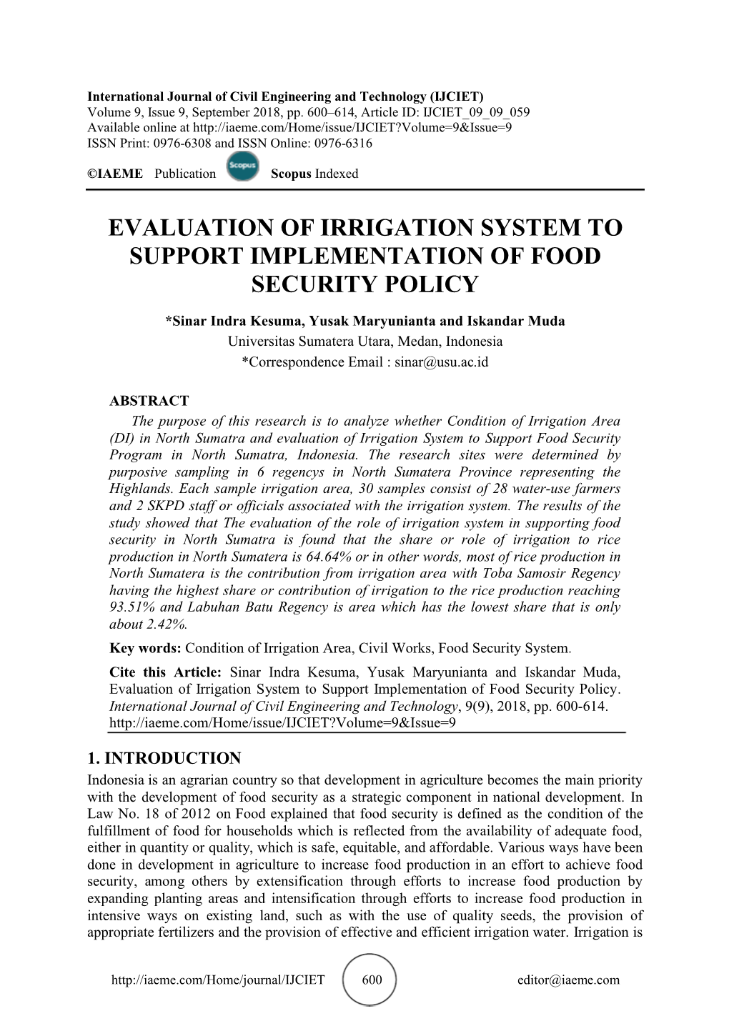 Evaluation of Irrigation System to Support Implementation of Food Security Policy