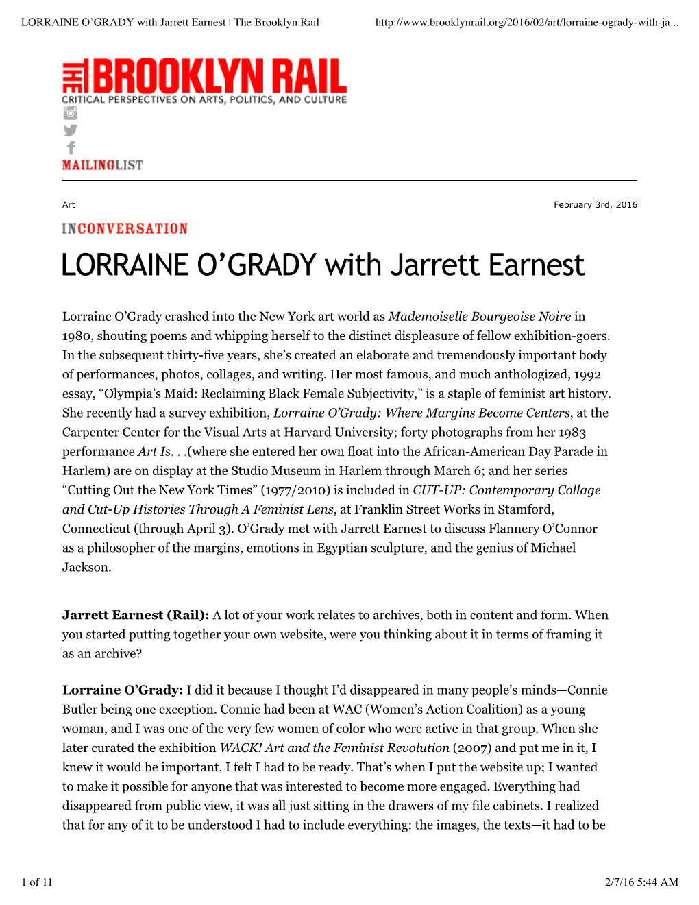 LORRAINE O'grady with Jarrett Earnest | the Brooklyn Rail