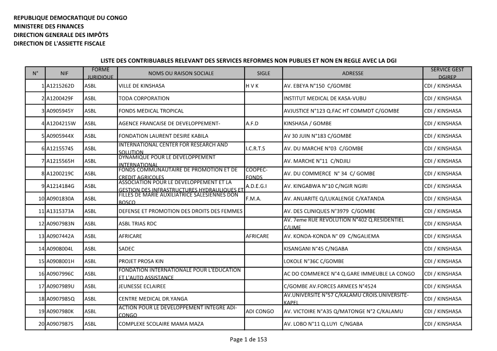 Republique Democratique Du Congo Ministere Des Finances Direction Generale Des Impôts Direction De L'assiette Fiscale