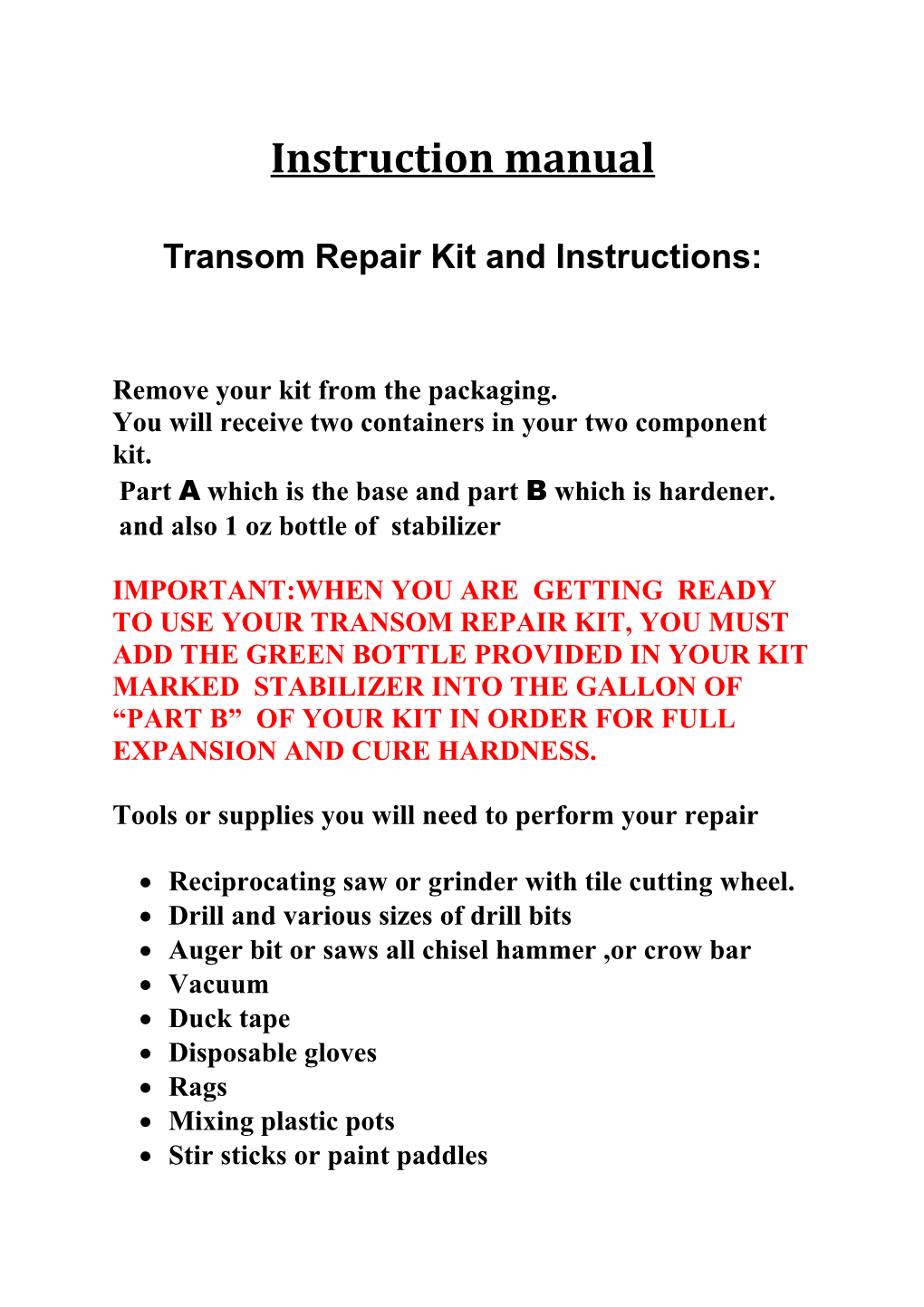 Transom Repair Kit and Instructions