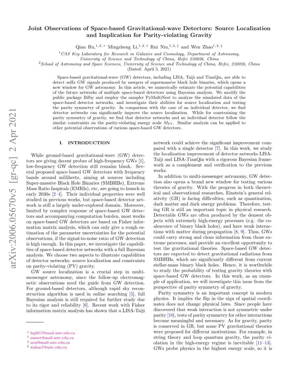 Arxiv:2006.05670V5 [Gr-Qc] 2 Apr 2021 on Parity-Violating (PV) Gravity