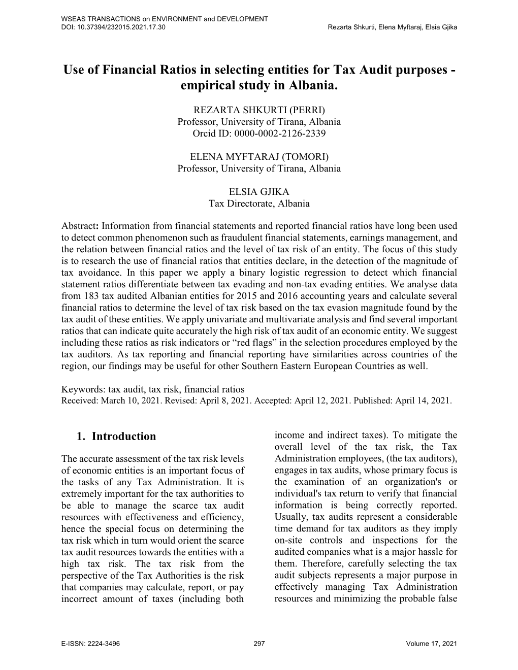 Use of Financial Ratios in Selecting Entities for Tax Audit Purposes - Empirical Study in Albania