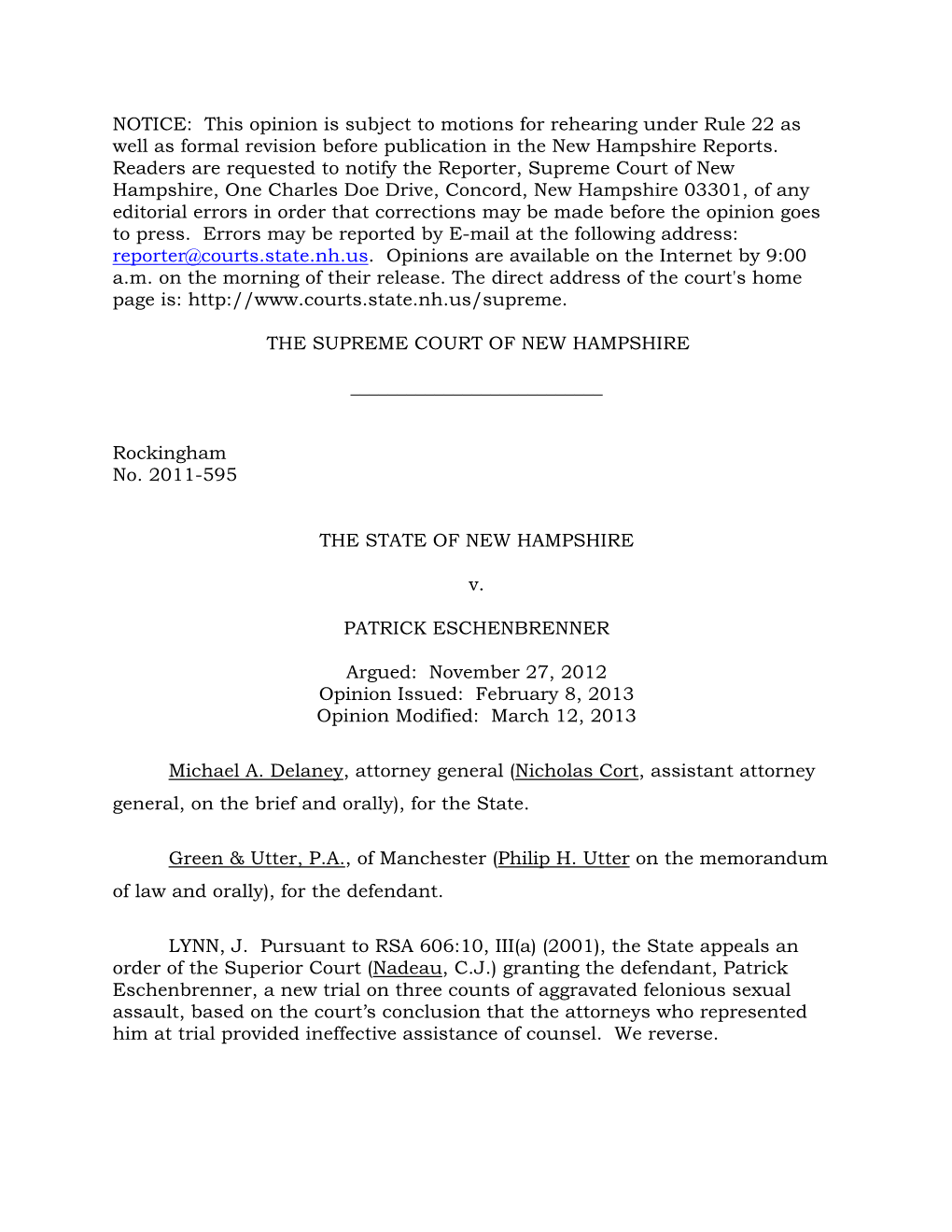 2011-595, State of New Hampshire V. Patrick Eschenbrenner