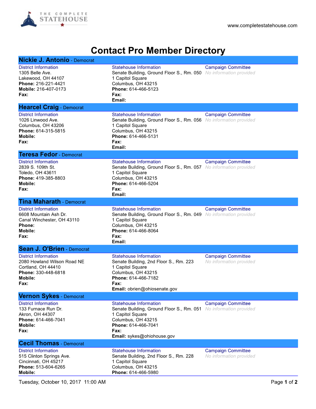 Ohio Senate Member Directory