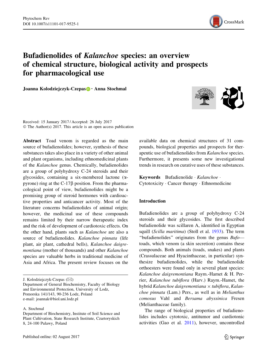 Bufadienolides of Kalanchoe Species: an Overview of Chemical Structure, Biological Activity and Prospects for Pharmacological Use