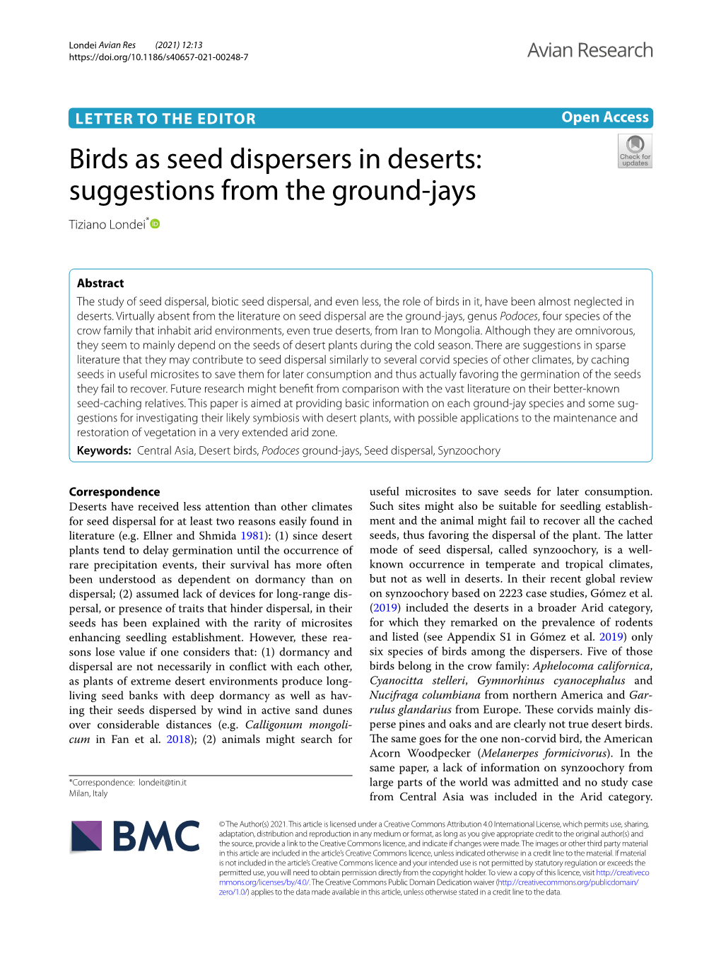 Birds As Seed Dispersers in Deserts: Suggestions from the Ground-Jays