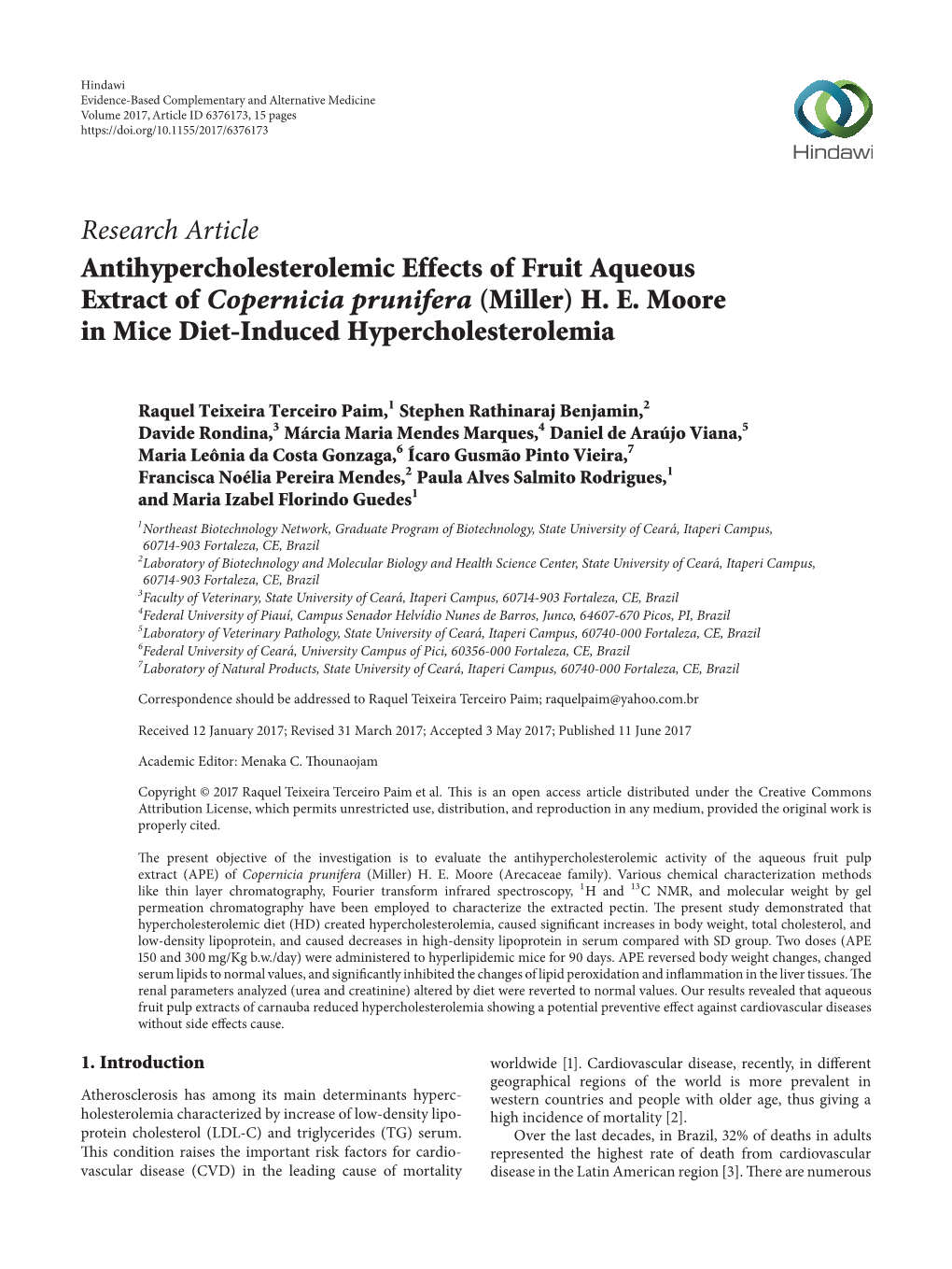 Antihypercholesterolemic Effects of Fruit Aqueous Extract of Copernicia Prunifera (Miller) H