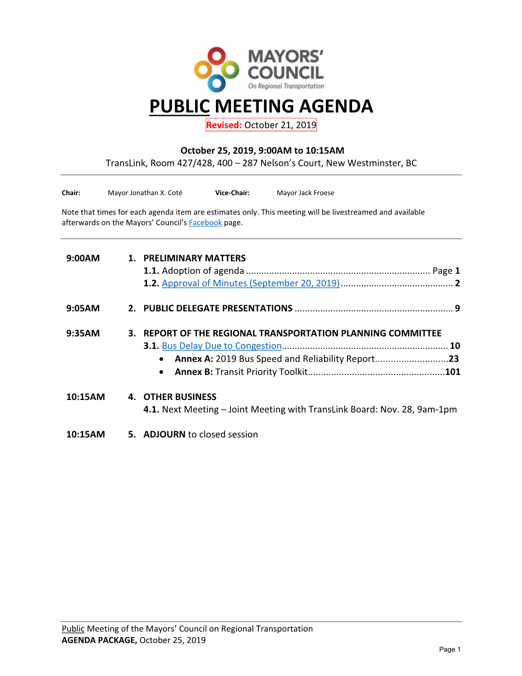 PUBLIC MEETING AGENDA Revised: October 21, 2019