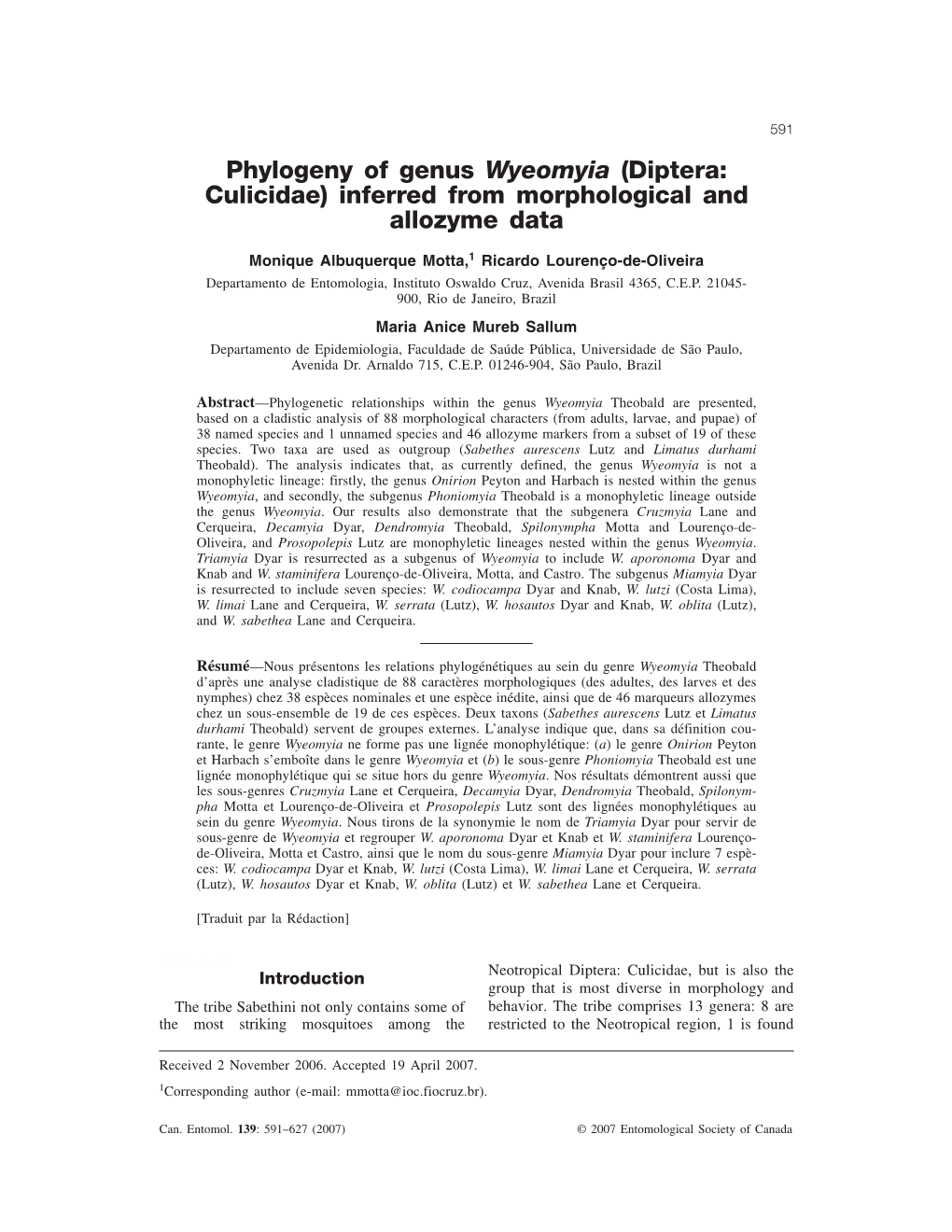 Phylogeny of Genus Wyeomyia (Diptera:Culicidae) Inferred from Morphological and Allozyme Data