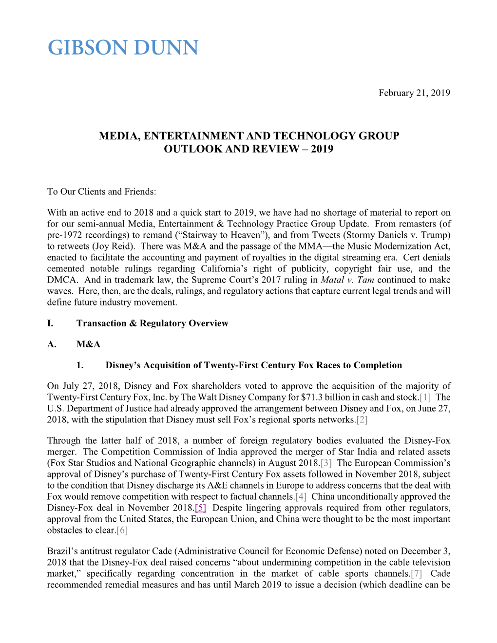 Media, Entertainment and Technology Group Outlook and Review – 2019