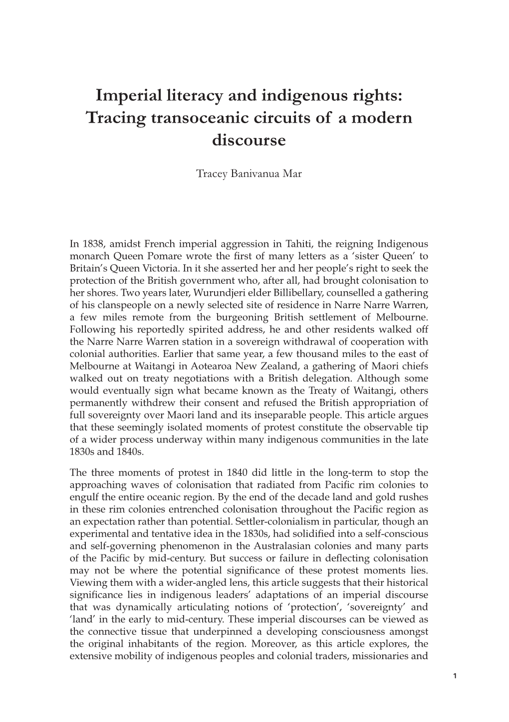 Imperial Literacy and Indigenous Rights: Tracing Transoceanic Circuits of a Modern Discourse