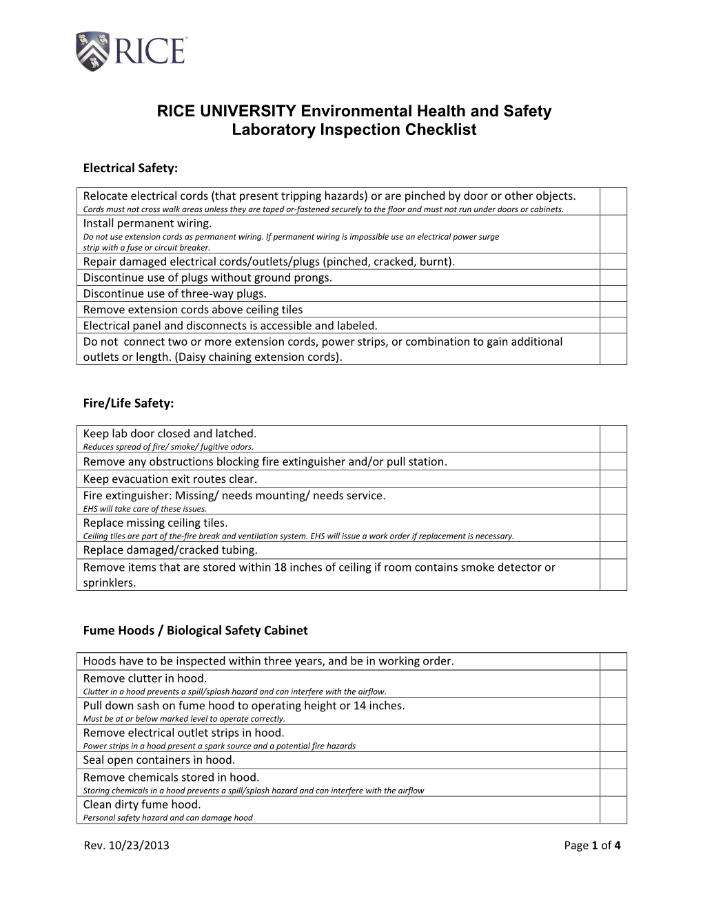 Laboratory Inspection Checklist