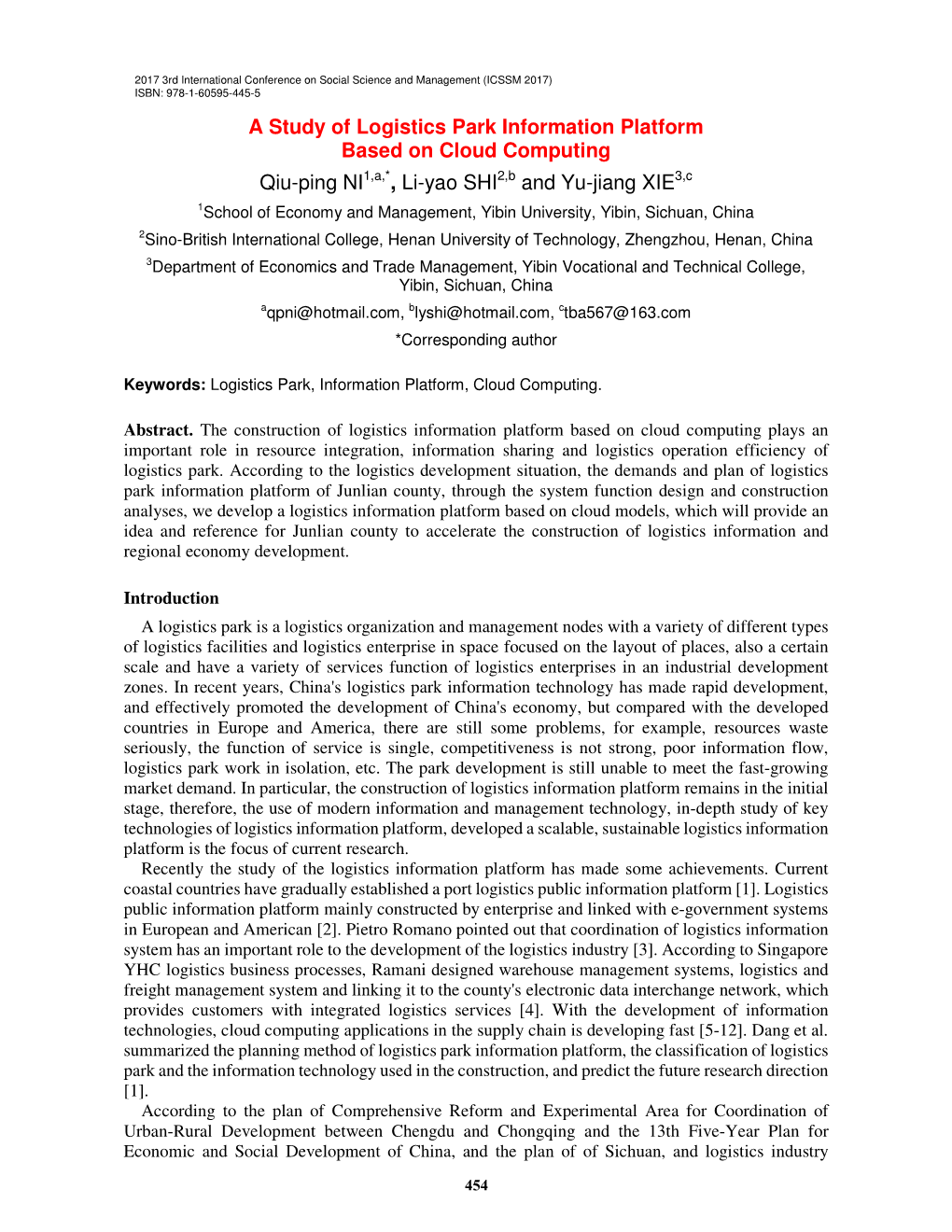 A Study of Logistics Park Information Platform Based on Cloud