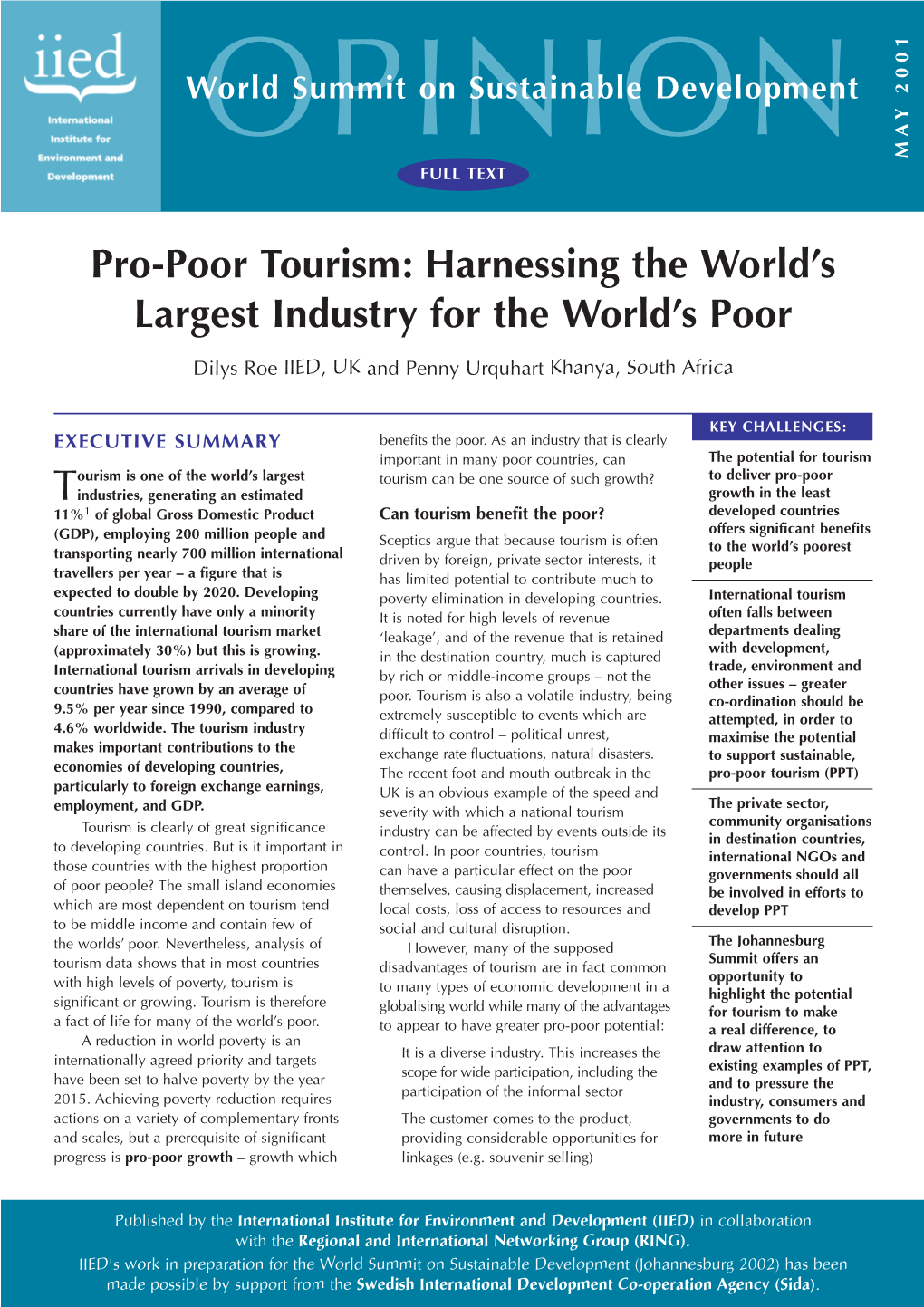 Pro-Poor Tourism: Harnessing the World’S Largest Industry for the World’S Poor