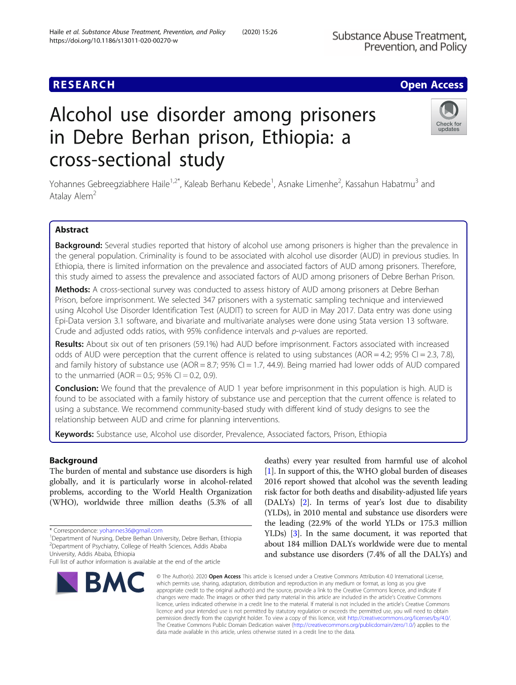 Alcohol Use Disorder Among Prisoners in Debre Berhan Prison, Ethiopia: A