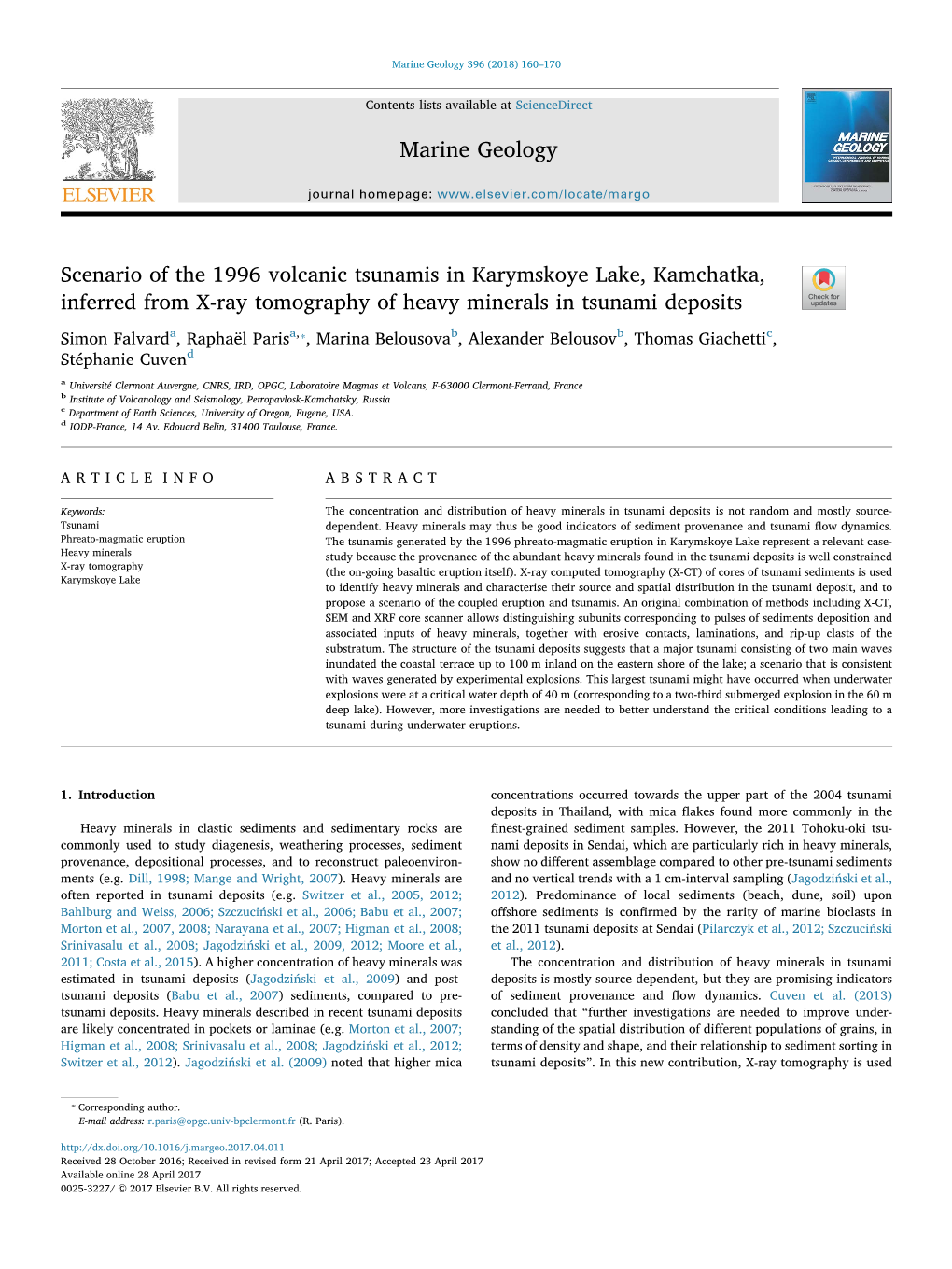 Scenario of the 1996 Volcanic Tsunamis in Karymskoye Lake, Kamchatka, T Inferred from X-Ray Tomography of Heavy Minerals in Tsunami Deposits