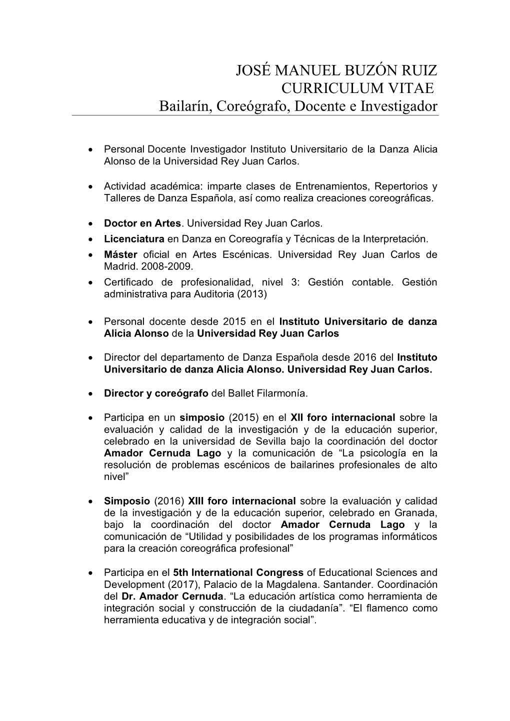 JOSÉ MANUEL BUZÓN RUIZ CURRICULUM VITAE Bailarín, Coreógrafo, Docente E Investigador