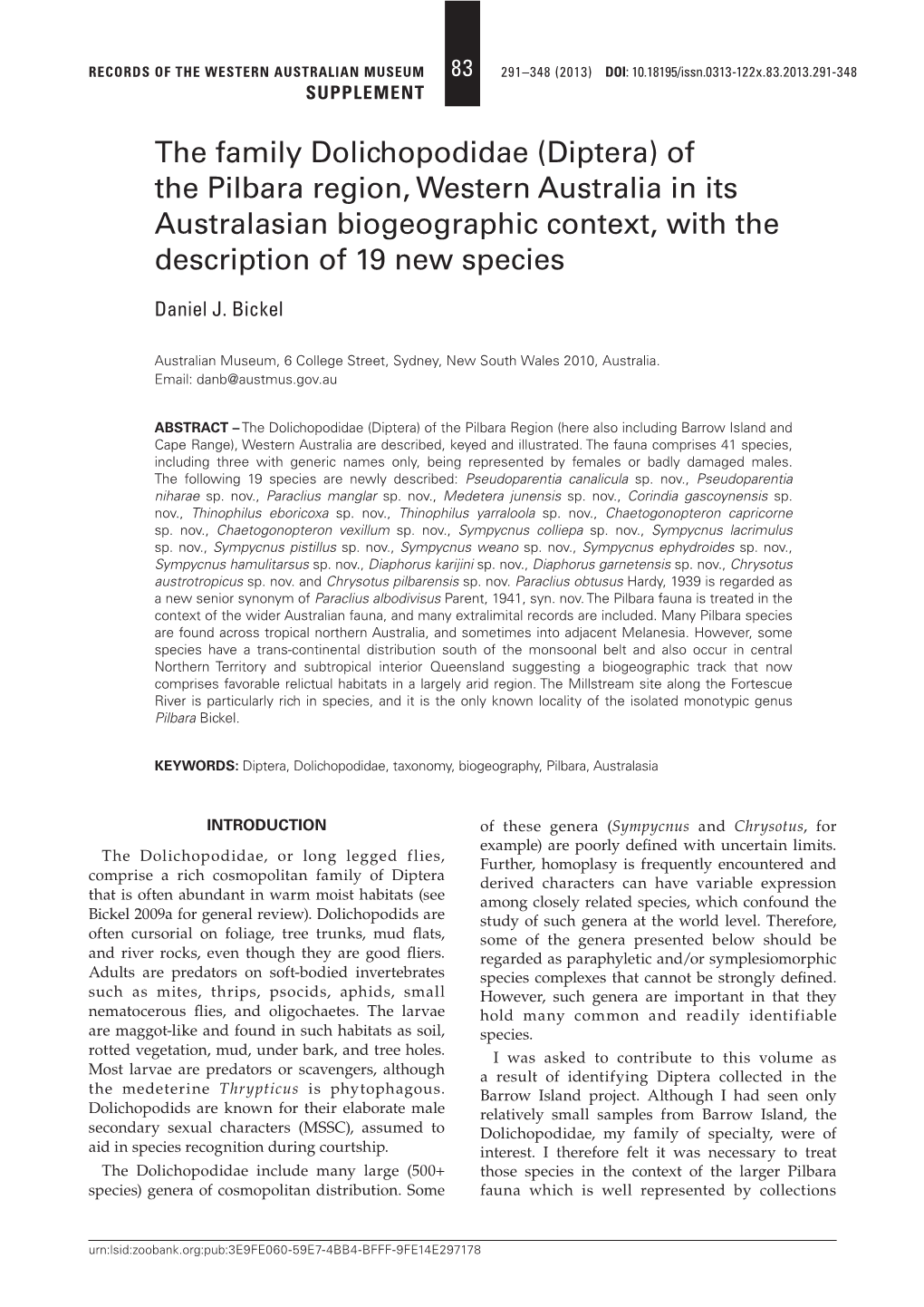 The Family Dolichopodidae (Diptera) of the Pilbara Region, Western Australia in Its Australasian Biogeographic Context, with the Description of 19 New Species