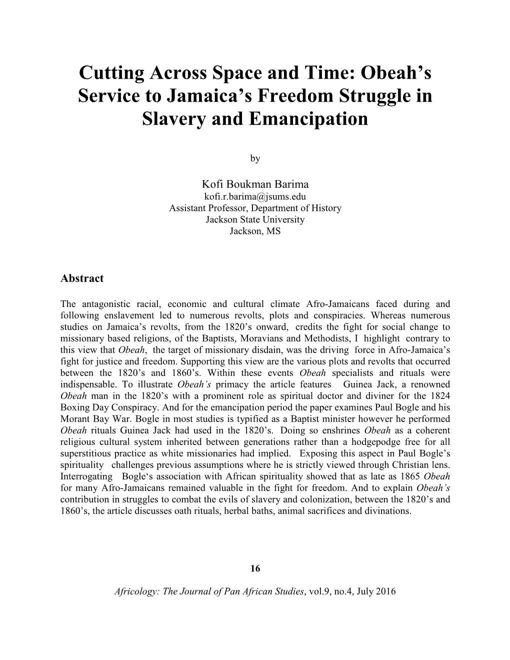 Obeah's Service to Jamaica's Freedom Struggle in Slavery And