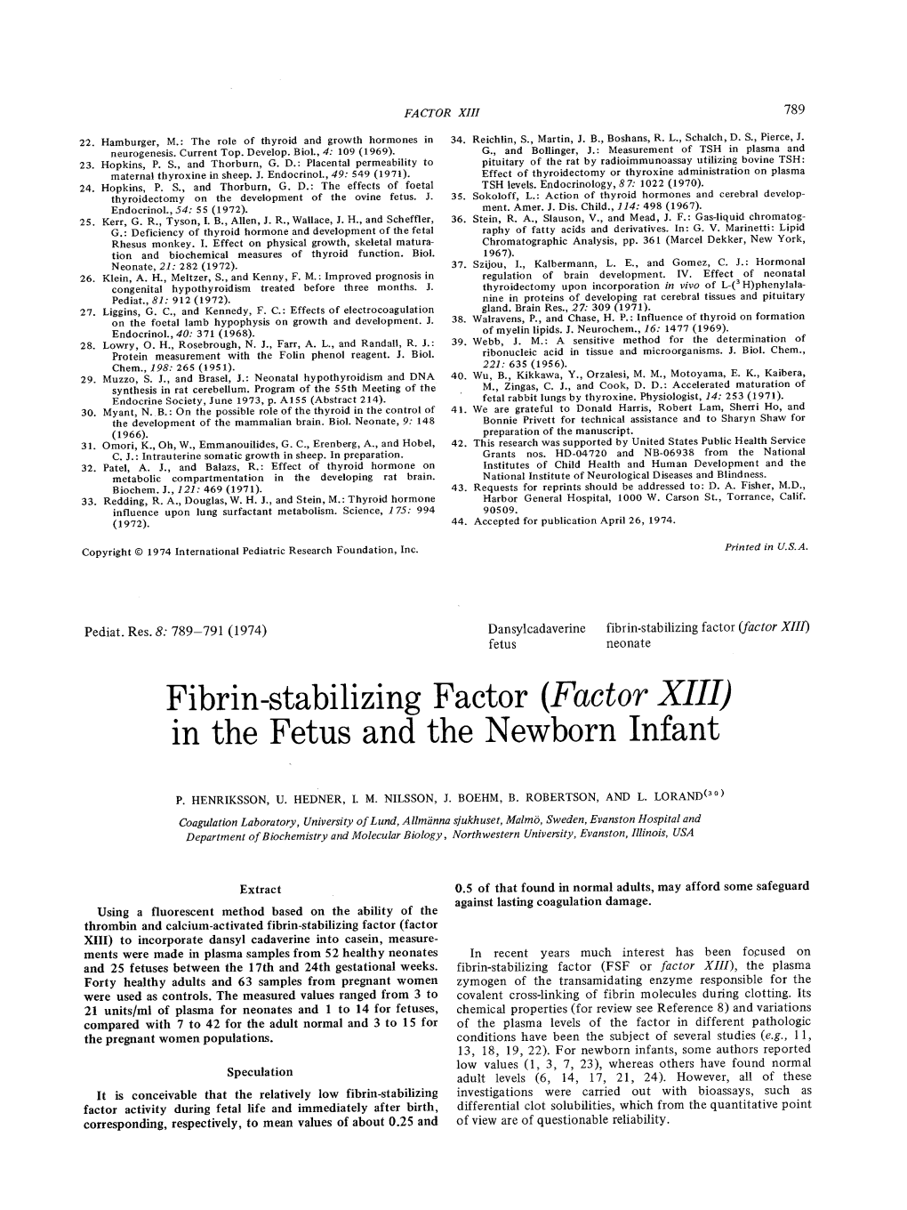 (Factor XIII) in the Fetus and the Newborn Infant