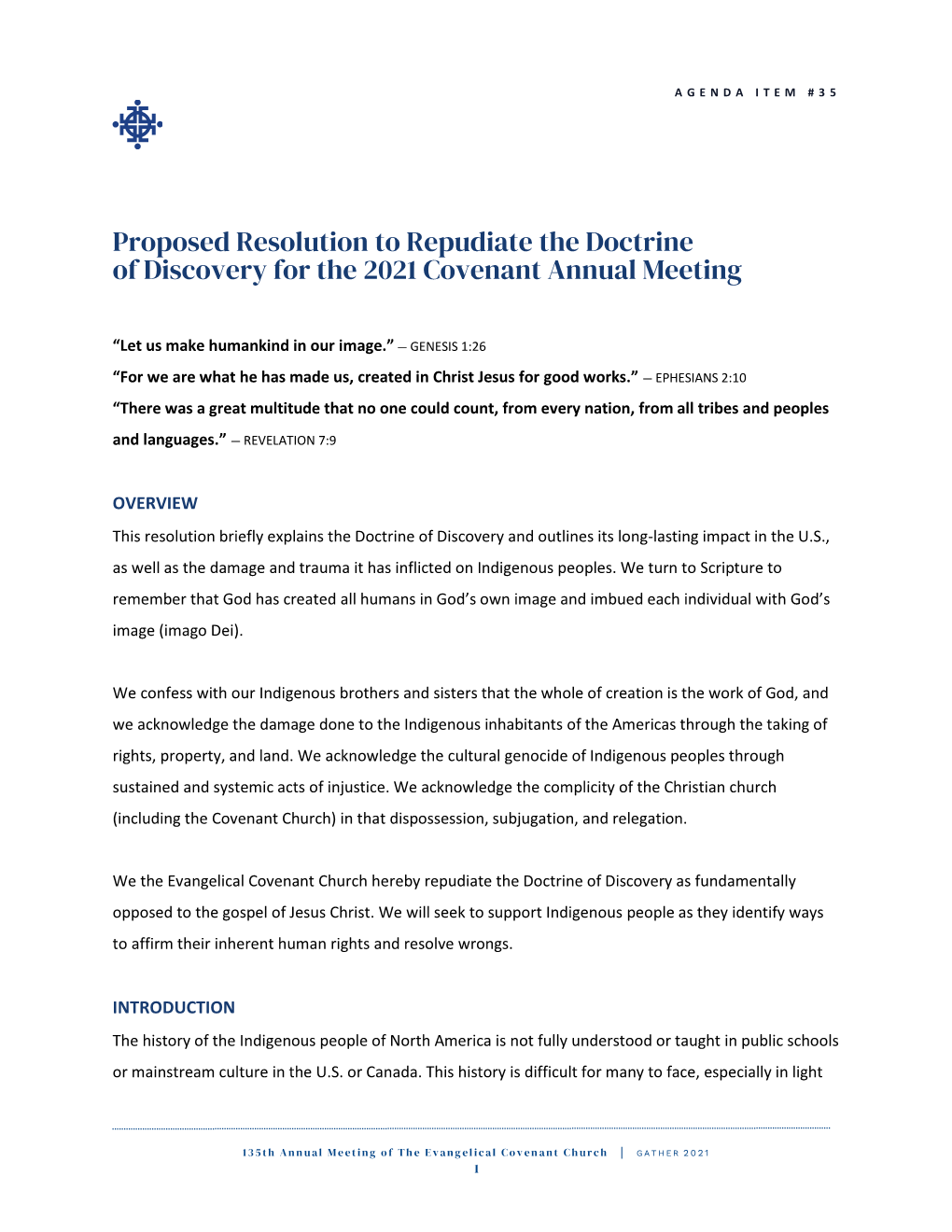 Proposed Resolution to Repudiate the Doctrine of Discovery for the 2021 Covenant Annual Meeting