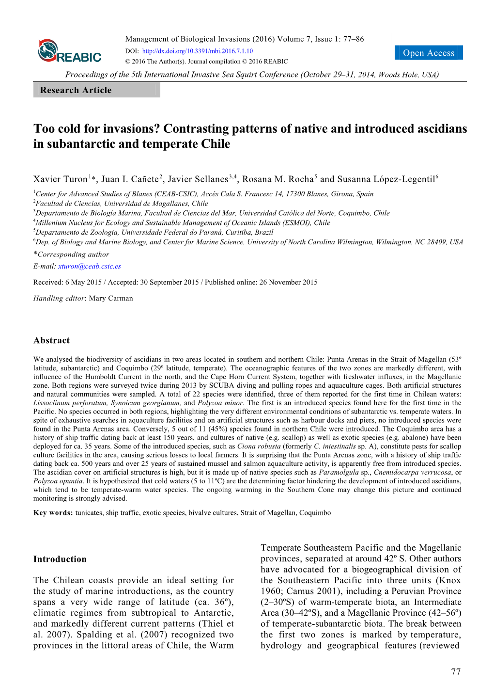 Contrasting Patterns of Native and Introduced Ascidians in Subantarctic and Temperate Chile