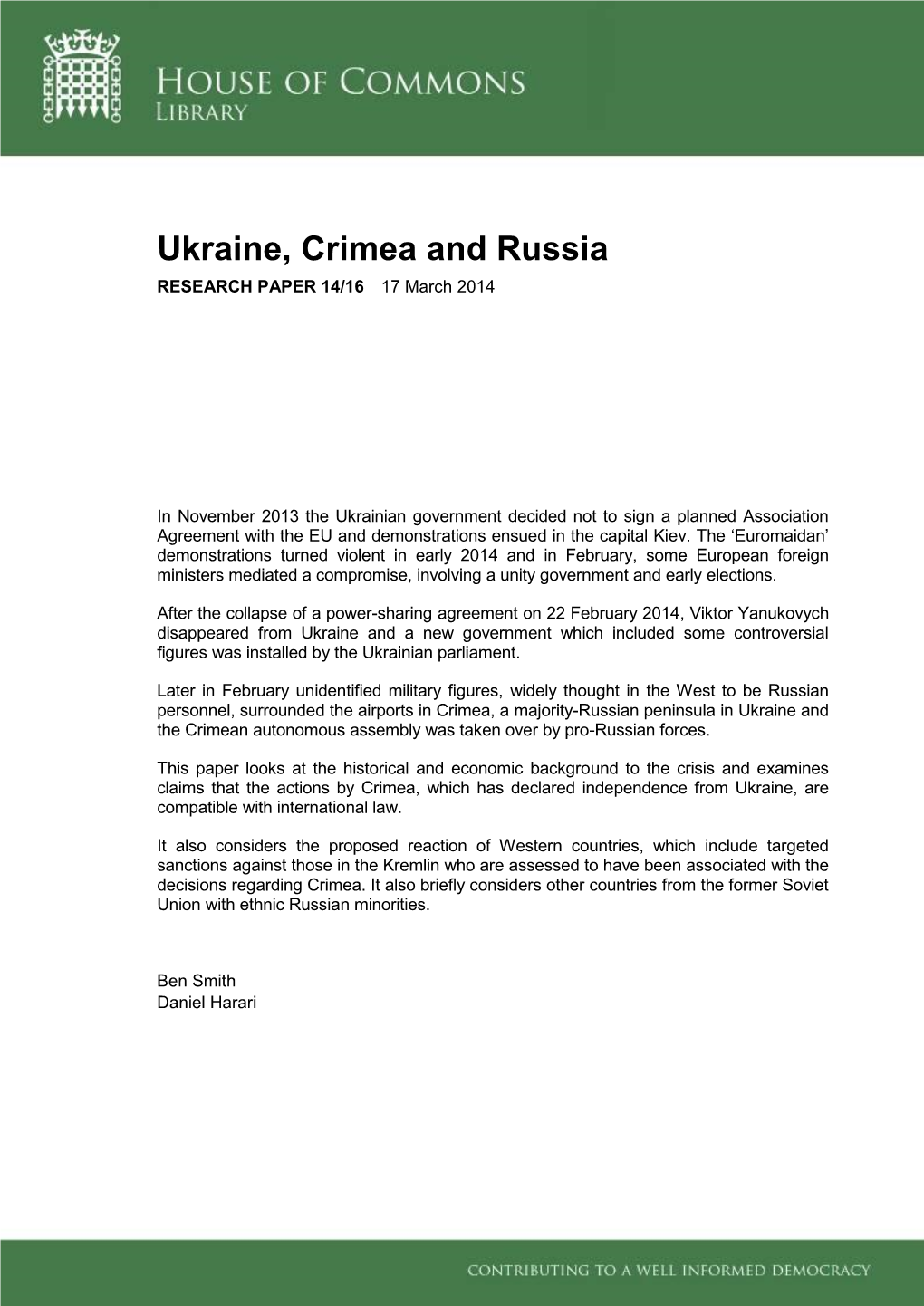 Ukraine, Crimea and Russia RESEARCH PAPER 14/16 17 March 2014