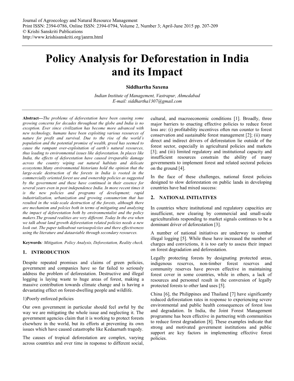 Policy Analysis for Deforestation in India and Its Impact