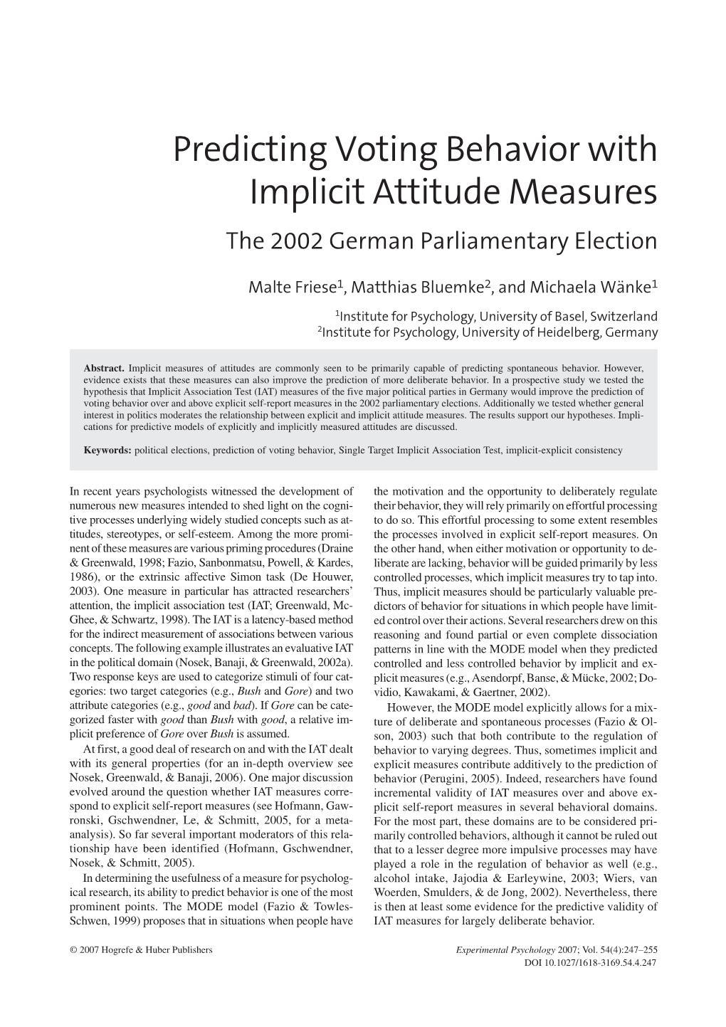 Predicting Voting Behavior with Implicit Attitude Measures the 2002 German Parliamentary Election