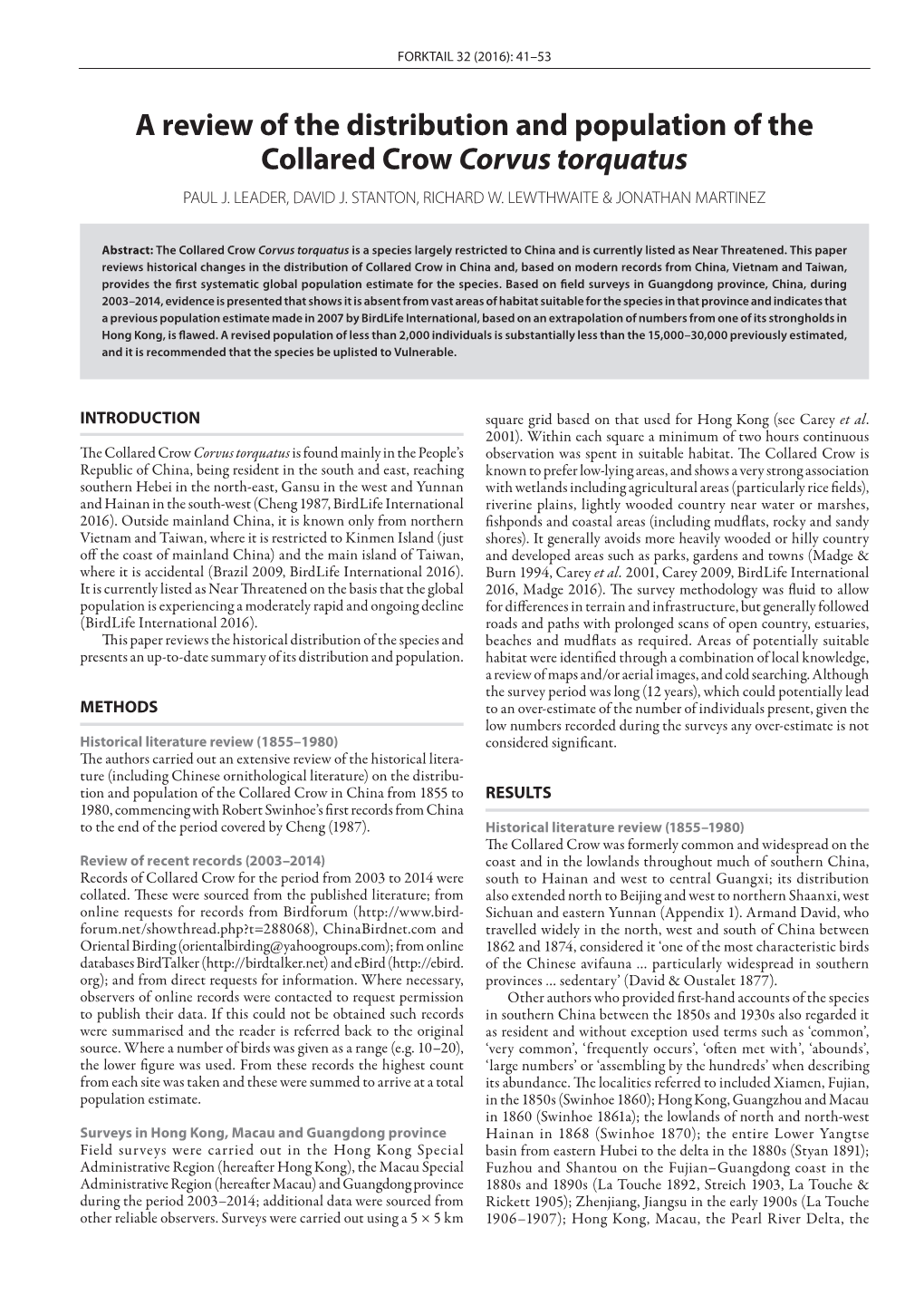 A Review of the Distribution and Population of the Collared Crow Corvus Torquatus PAUL J