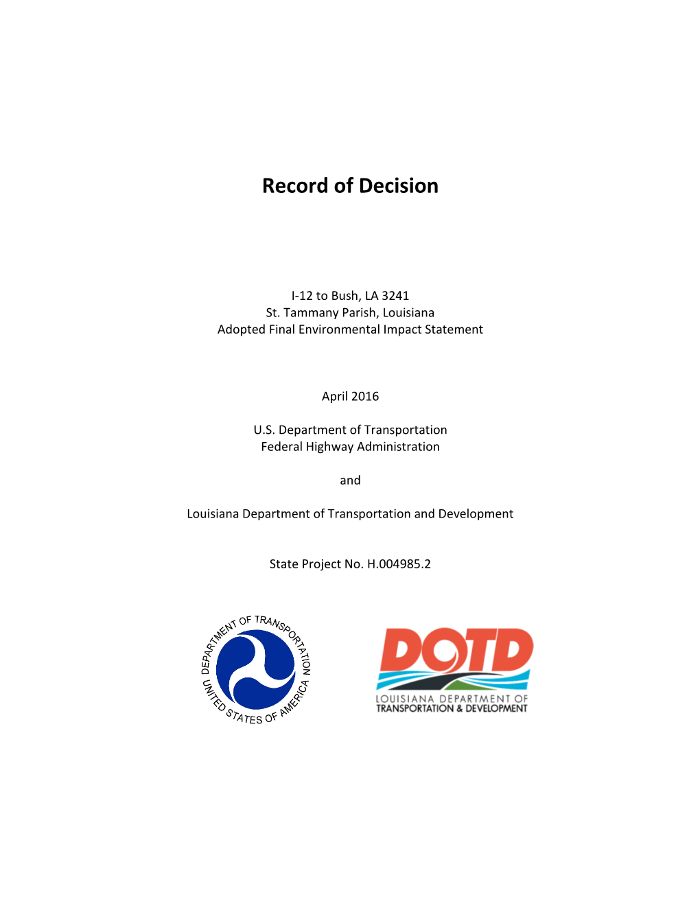 FHWA Record of Decision 2016