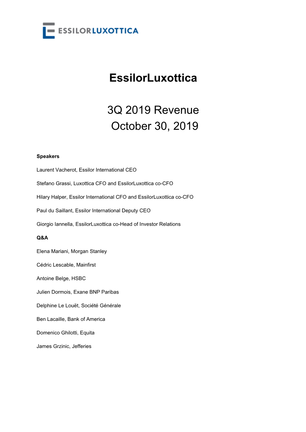 Essilorluxottica 3Q 2019 Revenue October 30, 2019