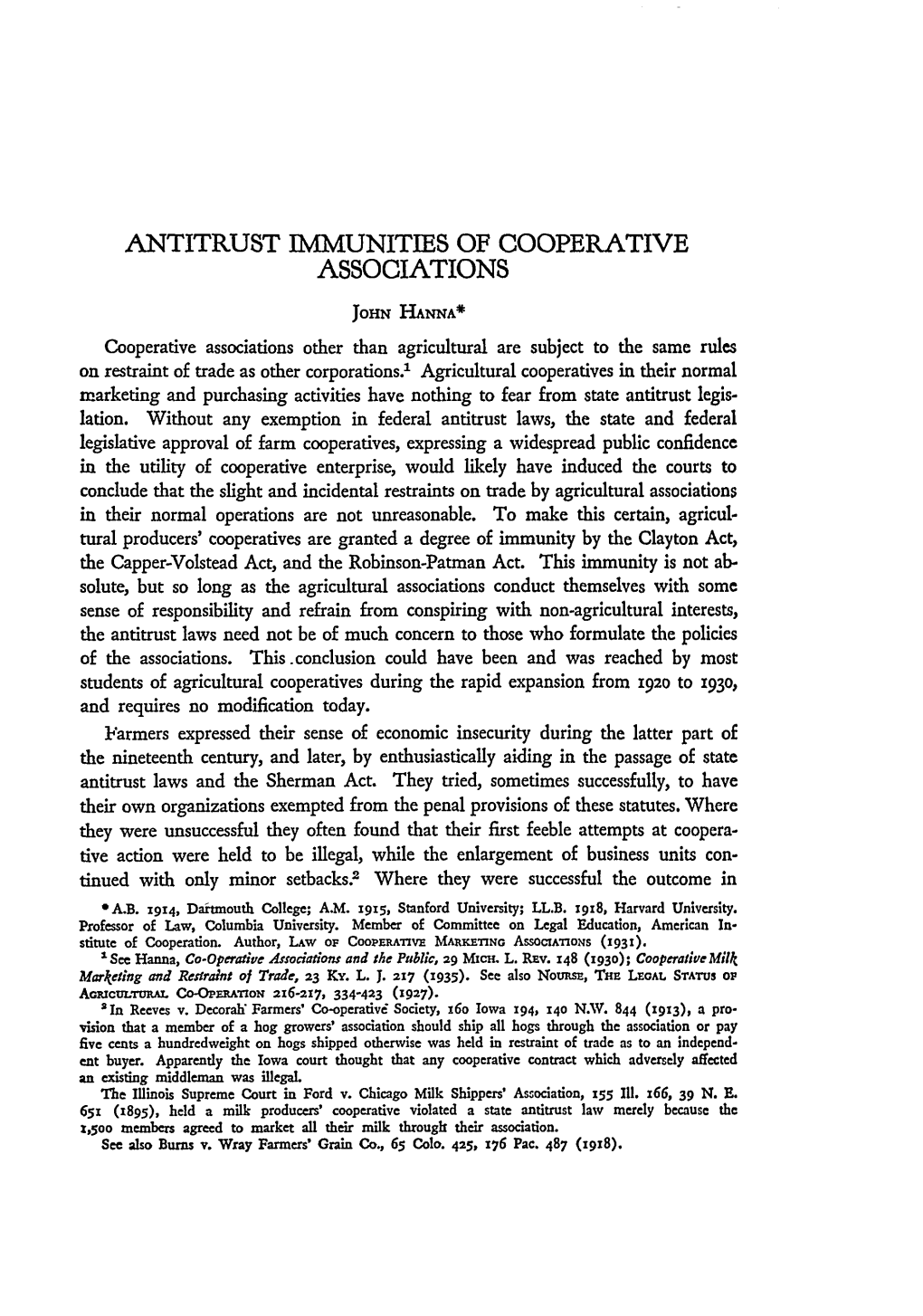 Antitrust Immunities of Cooperative Associations